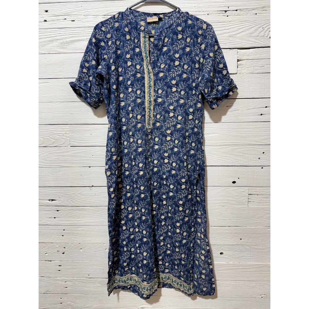 Laces & Frills Kurta Tunic Dress Womens L Blue Floral Block Print Excellent Boho